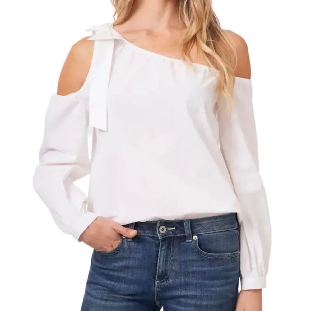 CECE One-shoulder Cold-shoulder Cotton Blouse In Soft Ecru Small MSRP $89